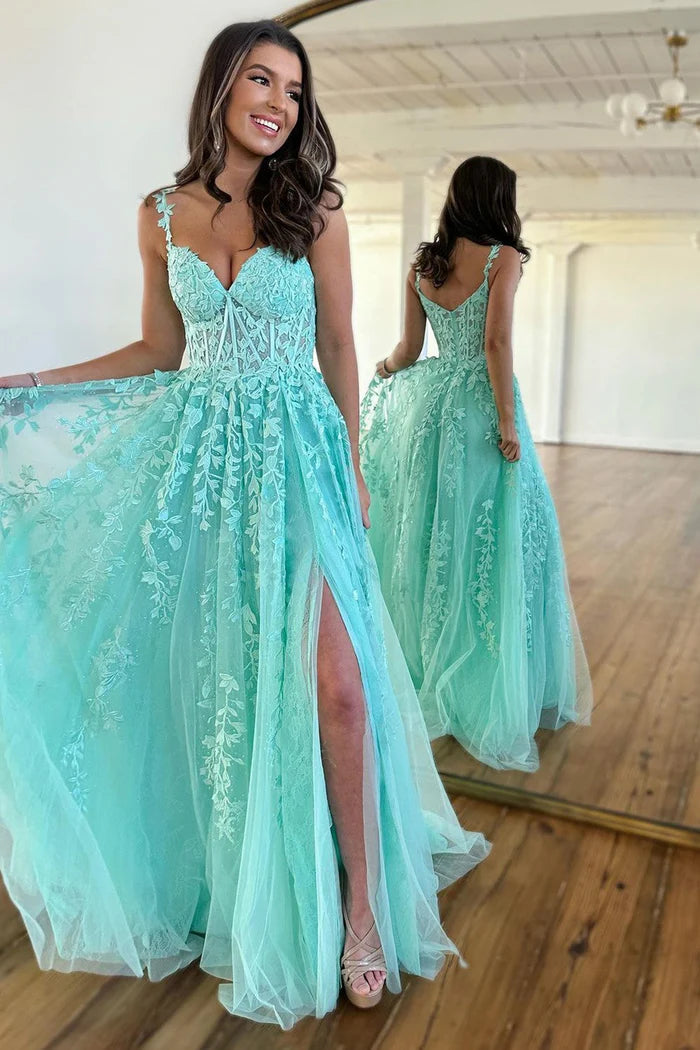 Robe Weitese mignonne, coupe trapèze, bretelles spaghetti, tulle, robe de bal avec applications, fendue sur le devant